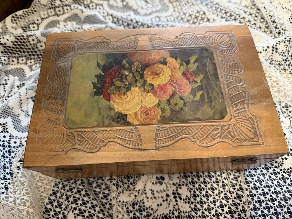 Vintage Wooden Keepsake Or Jewelry Box, Floral Lid & Inside Mirror, Mid Century